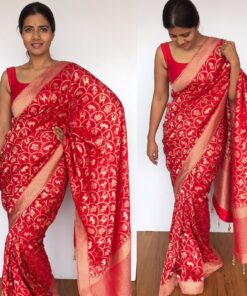 Scarlet Red Banarasi Georgette saree with Golden Zari Deer Motifs