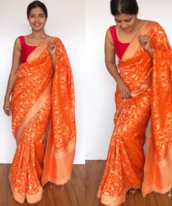 Orange Banarasi Georgette Saree with Golden Zari Deer Motifs