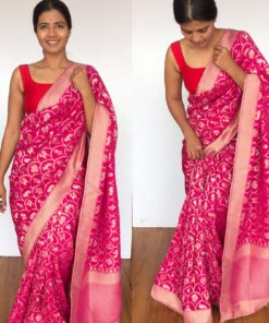 Hot Pink banarasi georgette sarees with gold zari deer motifs