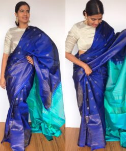 Royal Blue Kanjivaram Silk Saree with Handwoven Silver Zari Weaves