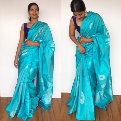 Sky Blue Kanjivaram Silk Saree with Paisley Motifs