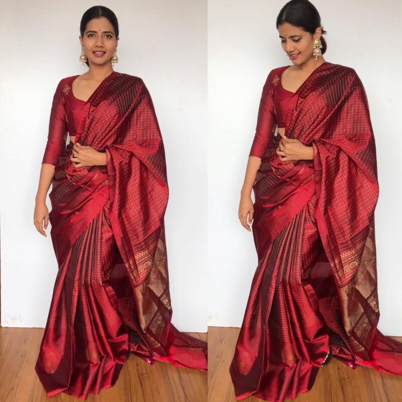 Maroon Pure Kanjivaram Silk Saree with Gold Zari Weaves - Mirra Clothing