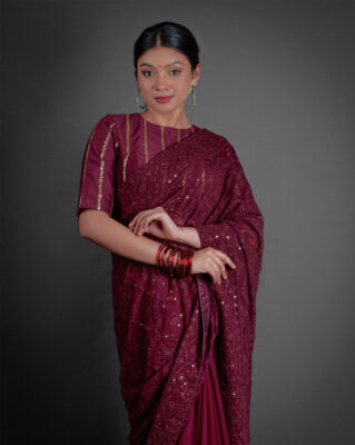 Wine Georgette saree Wedding Party Look for 2025 online at Mirra Clothing