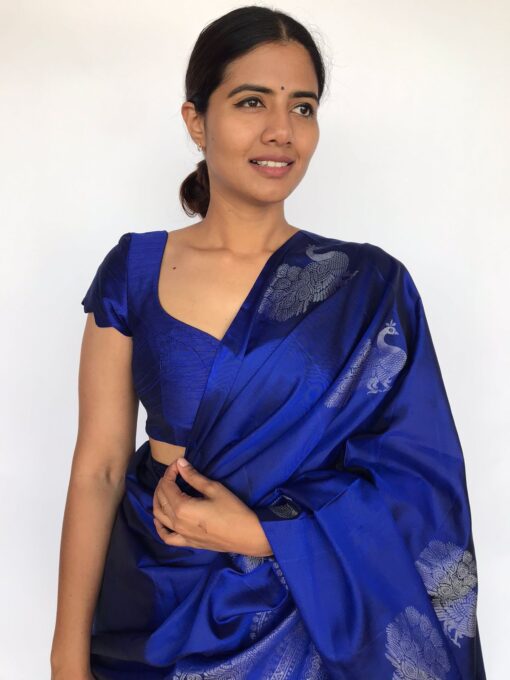 Pure Royal Blue Kanjivaram Silk Saree Handwoven with Peacock Motifs