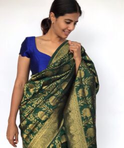 Bottle Green Banarasi Silk Saree adorned with Floral Weaves