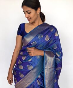 Blue Banarasi Silk Saree highlighted with Gold Zari Buttas