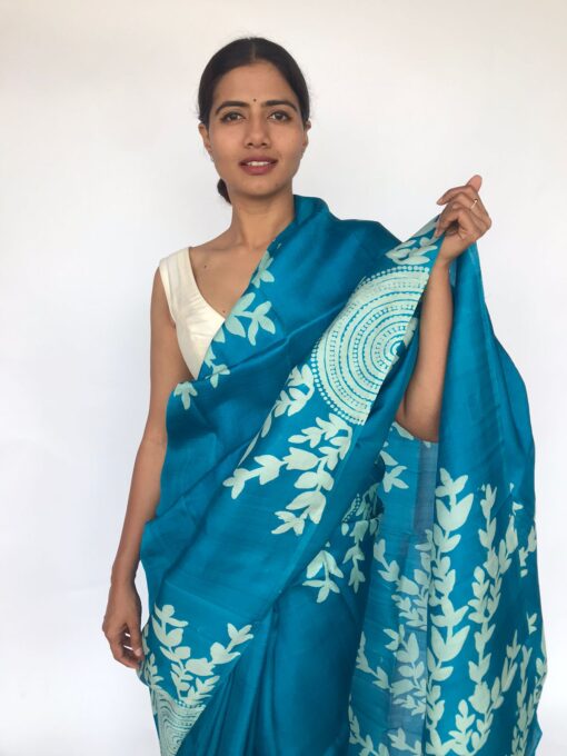 Ocean Blue Hand Painted Pure Silk Saree