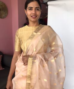 Peach Organza Silk Saree with Gold Zari Buttas