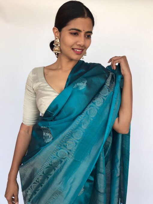 Blue Kanjivaram Saree with Silver Zari Buttas