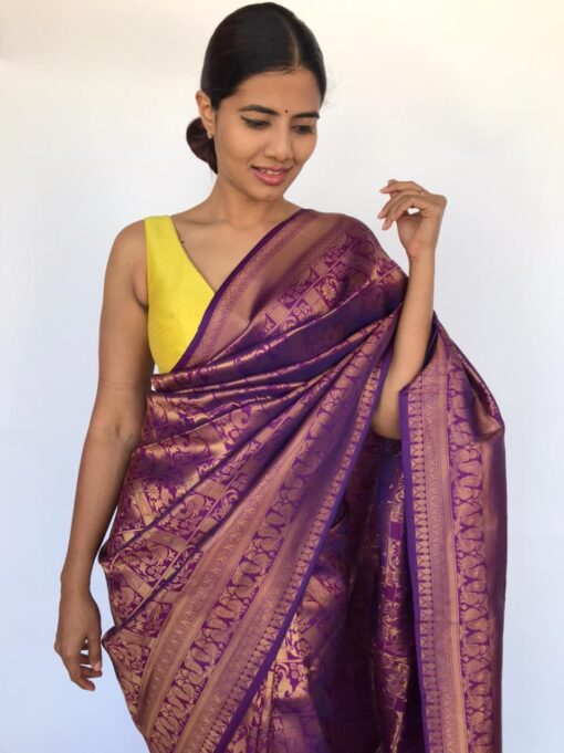 Purple Banarasi Silk Saree with Peacock Gold Zari Motifs