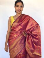 Red Banarasi Silk Saree with Purple tone adorned with Peacock Motifs