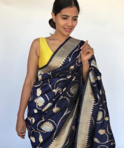 Navyblue Banarasi Silk Saree with Antique Gold and Silver Zari Weaves