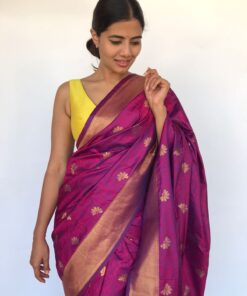 Dark Purple Banarasi Silk Saree with Gold Zari Floral Motifs