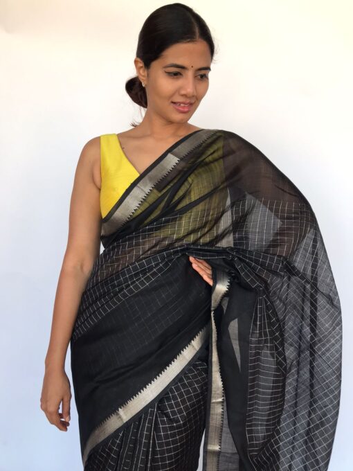 Black Mangalagiri Silk Saree with Silver Zari Checks