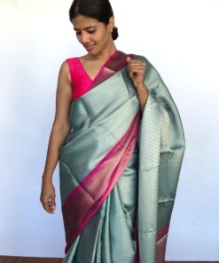 Pastel Blue Kora Silk Saree with Gold Zari Weaves