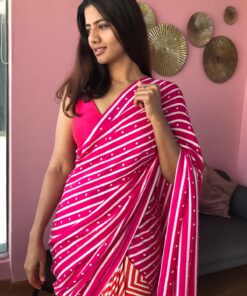 Printed Pink Satin Saree Online