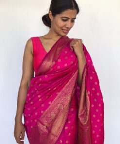 Hot Pink Banarasi Silk Saree with Gold Zari Buttas