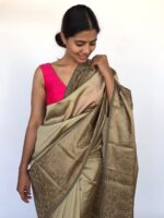 Beige Taupe Banarasi Silk Saree with Antique Gold Zari Border