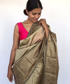 Beige Taupe Banarasi Silk Saree with Antique Gold Zari Border