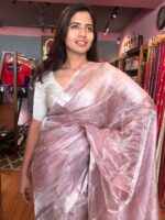 Onion Pink Tissue Silk Saree with Silver Zari Border