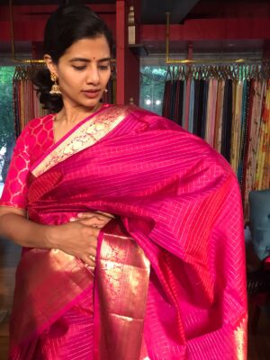 Pink Kanchivaram Silk saree Wedding Party Look for 2025 online at Mirra Clothing