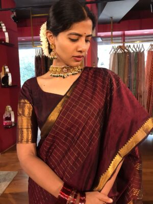 Brown Mangalgiri silk saree Wedding Party Look for 2025 online at Mirra Clothing
