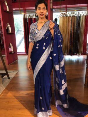 Blue Chiffon saree Wedding Party Look for 2025 online at Mirra Clothing