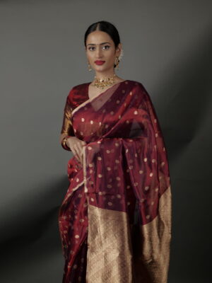 Maroon Tissue Silk Saree for plus size women at Mirra Clothing