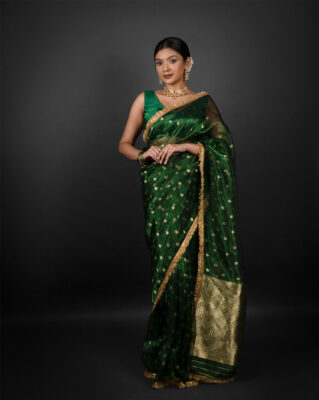 Bottle Green Tissue silk saree for plus size women at Mirra Clothing