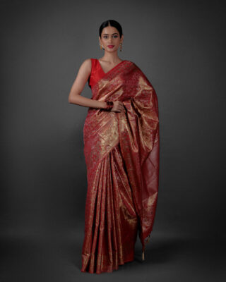 Red Banarasi Silk Saree for Skinny Shaped body at Mirra Clothing