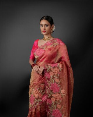 Pink crushed Tissue Silk saree for apple shaped body at Mirra Clothing