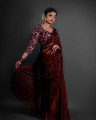 Brown Chiffon Saree for plus size women at Mirra Clothing