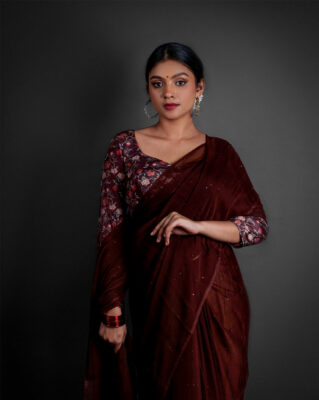 Brown Chiffon Saree for plus size women at Mirra Clothing