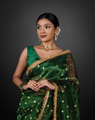 Bottle Green Tissue silk saree for plus size women at Mirra Clothing