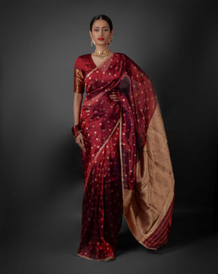 Maroon Tissue Silk Saree for plus size women at Mirra Clothing