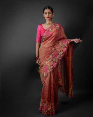 Pink crushed Tissue Silk saree for apple shaped body at Mirra Clothing