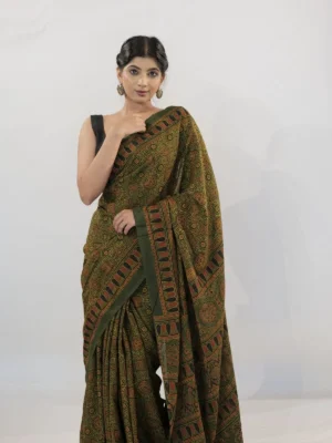 Green Ajrakh Cotton Saree for Skinny shaped body at Mirra Clothing