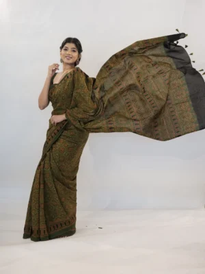 Green Ajrakh Cotton Saree for Skinny shaped body at Mirra Clothing