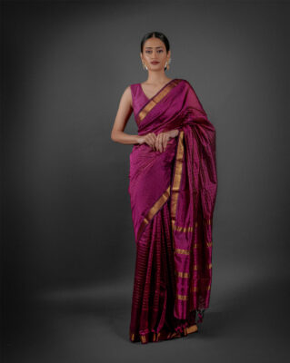 Magenta Mangalgiri Silk Saree for Apple shaped body at Mirra Clothing