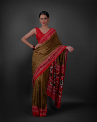 Moss Green Printed Georgette Saree with Chikankari Weaves for Pear Shaped Body type at Mirra Clothing