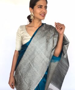 Ocean Blue Kanjeevaram Silver Zari Silk Saree