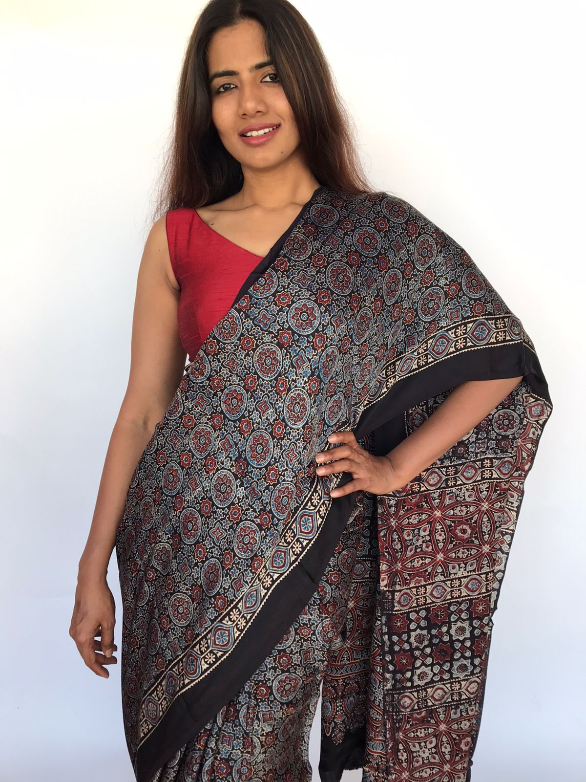 Buy Blue Ajrakh Printed Modal Silk Lagdi Patta Saree | TLDP20/DP27OCT | The  loom