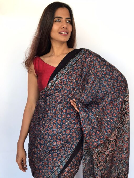 Blue Modal Ajrakh Saree with Hand Block Prints