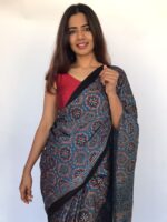 Blue Pure Modal Silk Saree with Ajrakh Hand Block Prints