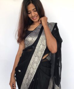 Pure Black Banarasi khaddi Chiffon Saree