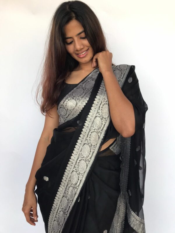 Pure Black Banarasi khaddi Chiffon Saree