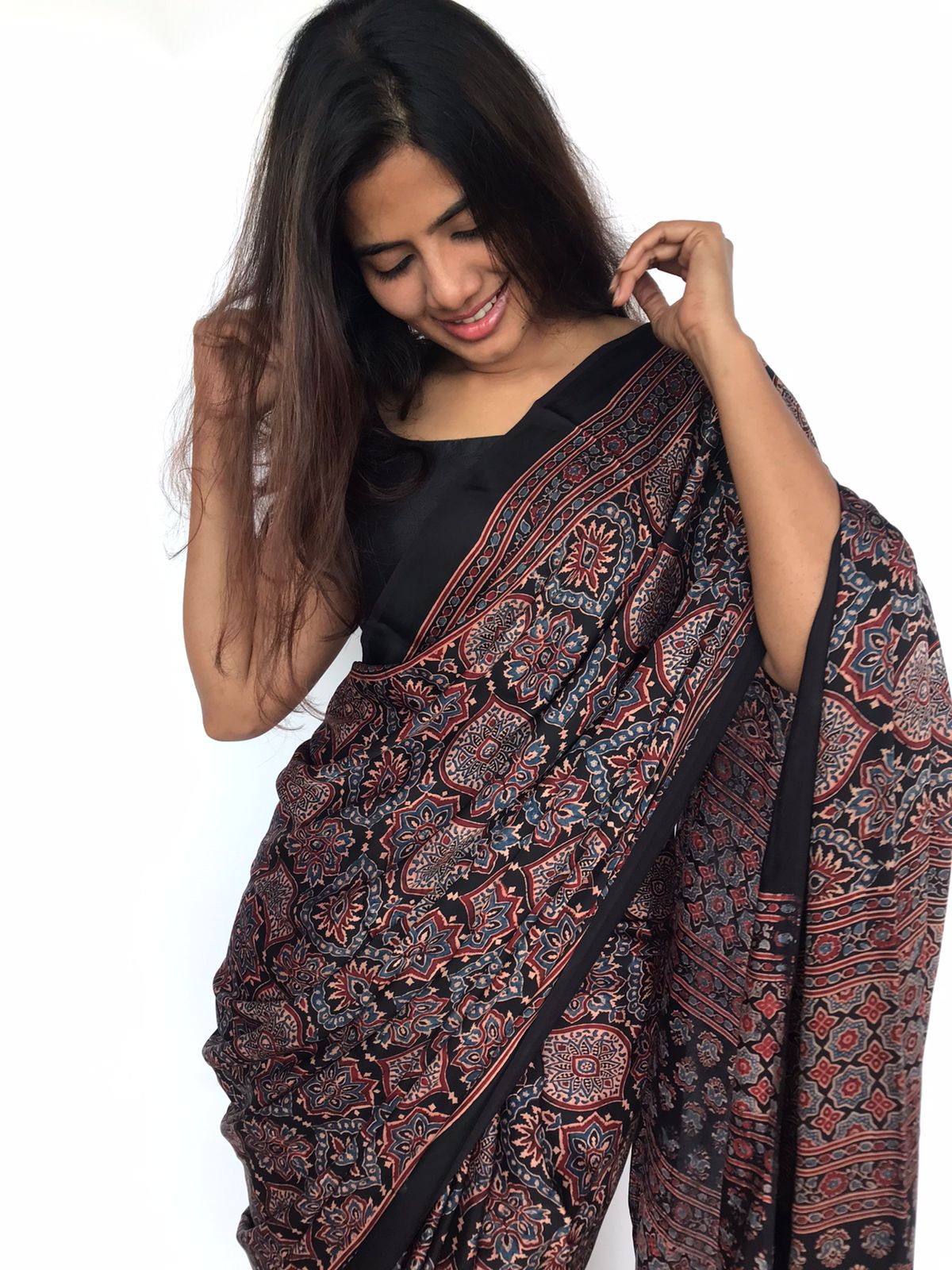 Black Pure Modal Silk Saree with Ajrakh Hand Block Prints - Mirra Clothing