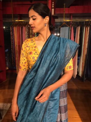 Blue Handwoven Linen Saree for Plus size women at Mirra Clothing