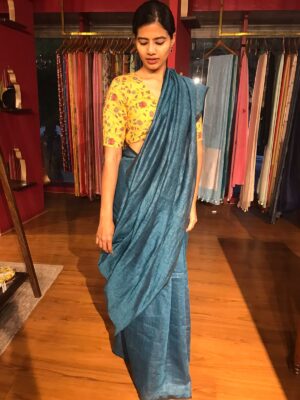 Blue Handwoven Linen Saree for Plus size women at Mirra Clothing