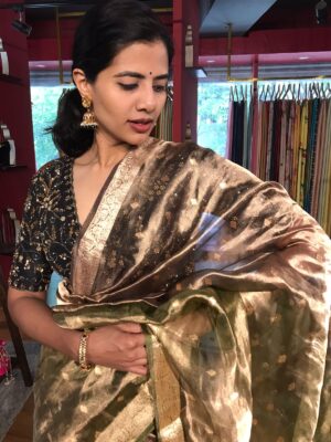 Ombre Green Tissue Silk Saree for plus size women at Mirra Clothing